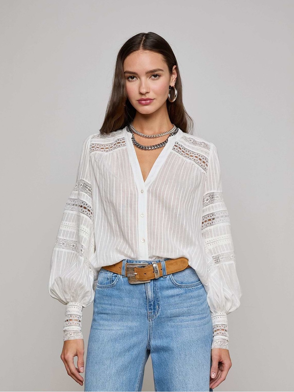 L'AGENCE Kiera White Lace Blouse